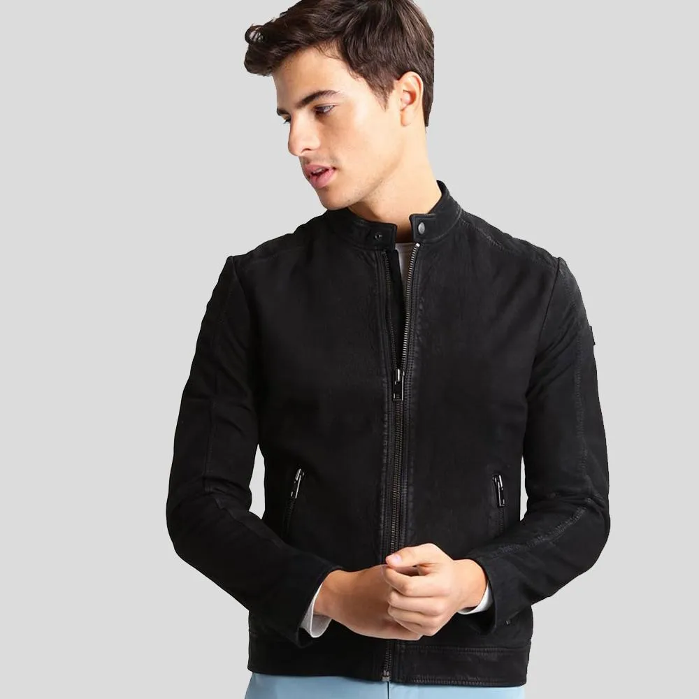 Rey Black Suede Leather Racer Jacket