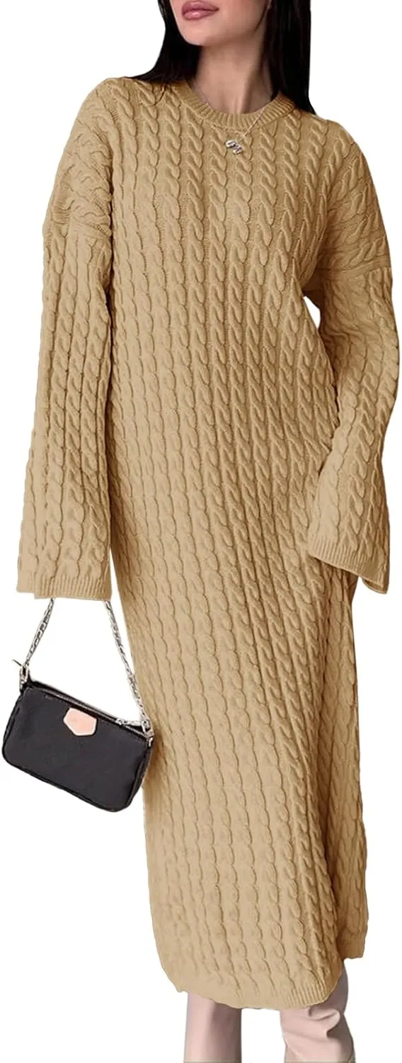 Saodimallsu Womens Oversized Cable Knit Sweater Dress Drop Shoulder Long Sleeve Loose Fall Midi Pullover Sweater Dresses
