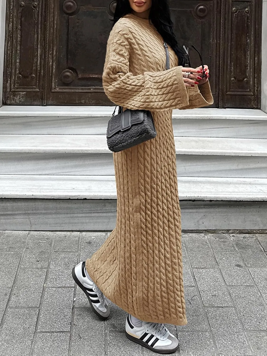 Saodimallsu Womens Oversized Cable Knit Sweater Dress Drop Shoulder Long Sleeve Loose Fall Midi Pullover Sweater Dresses