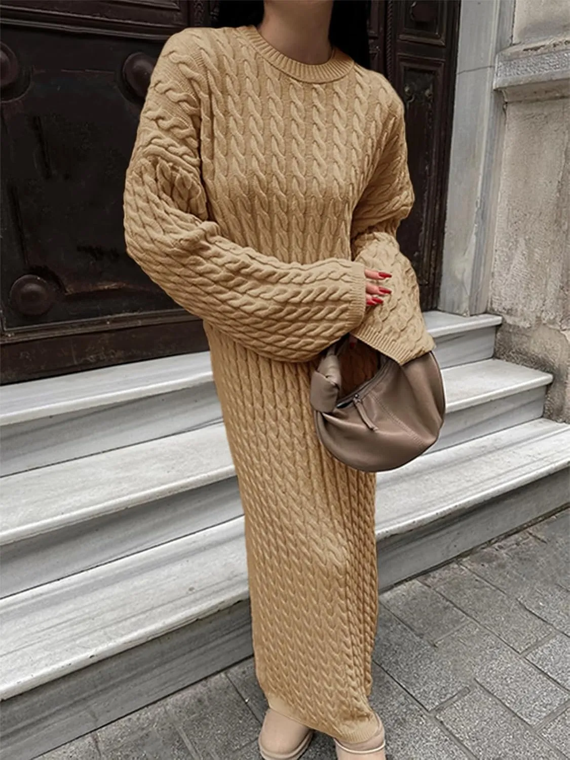 Saodimallsu Womens Oversized Cable Knit Sweater Dress Drop Shoulder Long Sleeve Loose Fall Midi Pullover Sweater Dresses
