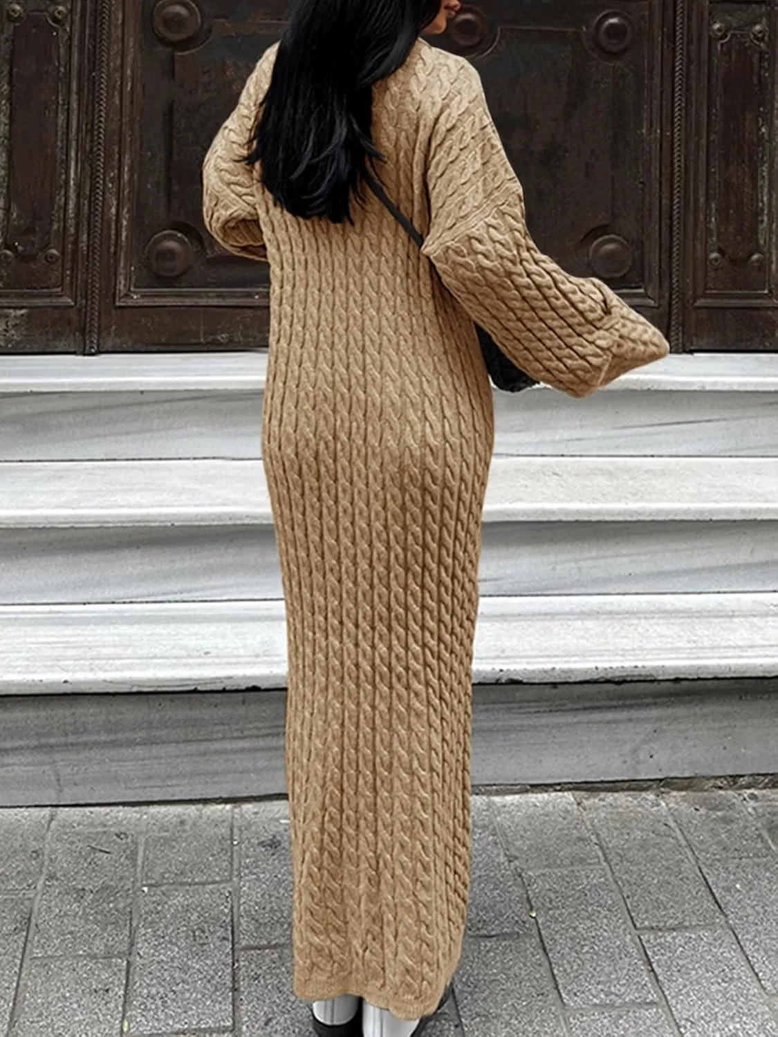 Saodimallsu Womens Oversized Cable Knit Sweater Dress Drop Shoulder Long Sleeve Loose Fall Midi Pullover Sweater Dresses