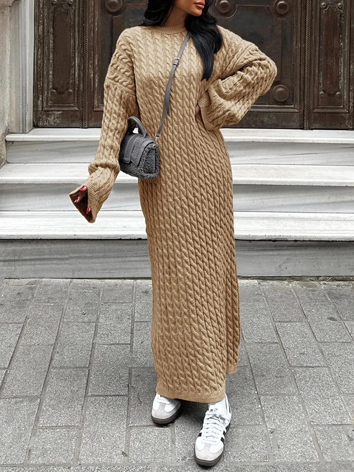 Saodimallsu Womens Oversized Cable Knit Sweater Dress Drop Shoulder Long Sleeve Loose Fall Midi Pullover Sweater Dresses