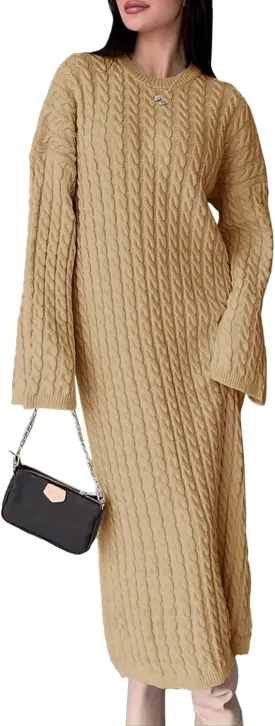 Saodimallsu Womens Oversized Cable Knit Sweater Dress Drop Shoulder Long Sleeve Loose Fall Midi Pullover Sweater Dresses