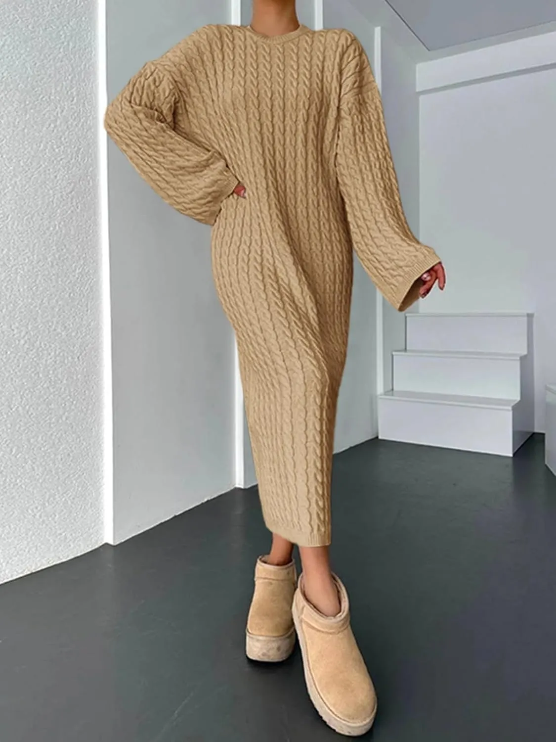 Saodimallsu Womens Oversized Cable Knit Sweater Dress Drop Shoulder Long Sleeve Loose Fall Midi Pullover Sweater Dresses