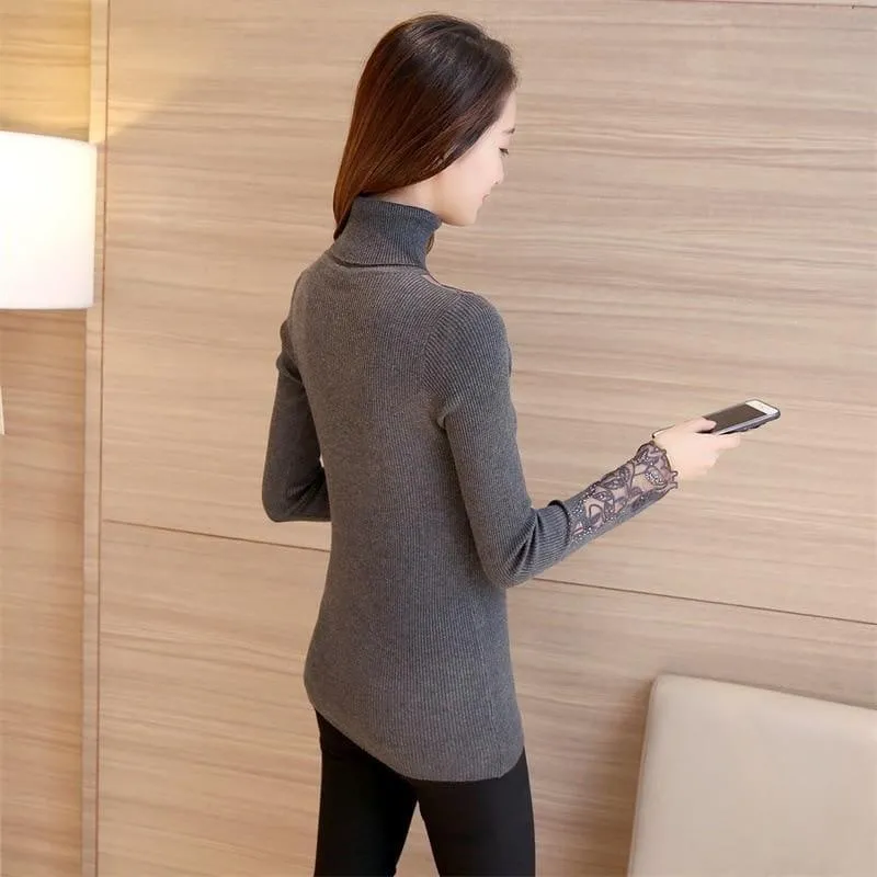 Solid Turtleneck Lace Knitted Pullovers Winter Fashion Sweater