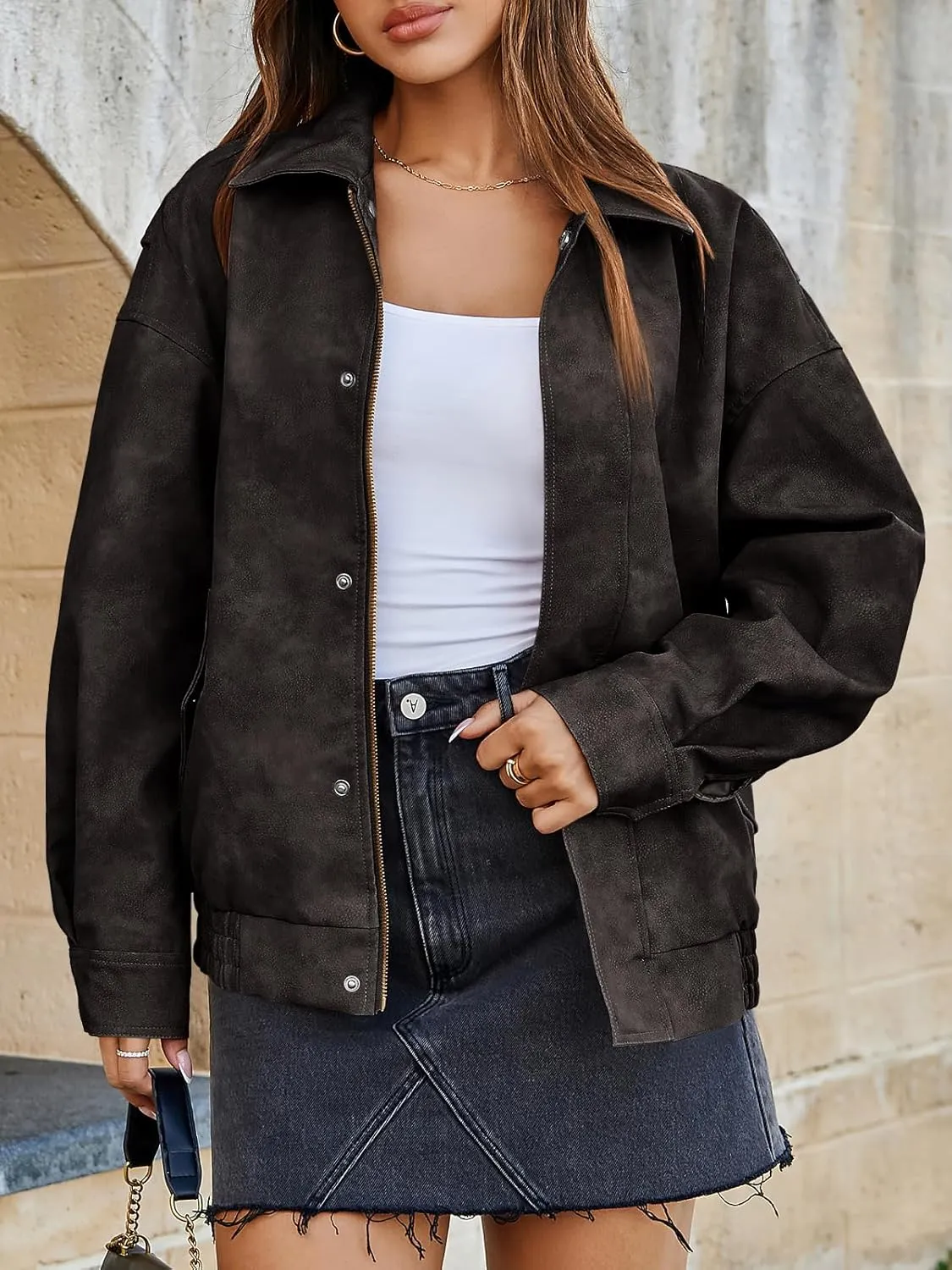Tankaneo Womens Oversized Leather Jackets Trendy Zip up Bomber Motorcycle Coat 2025 Going out Outfits