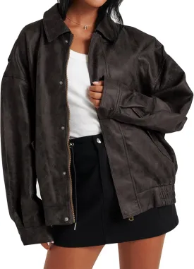 Tankaneo Womens Oversized Leather Jackets Trendy Zip up Bomber Motorcycle Coat 2025 Going out Outfits