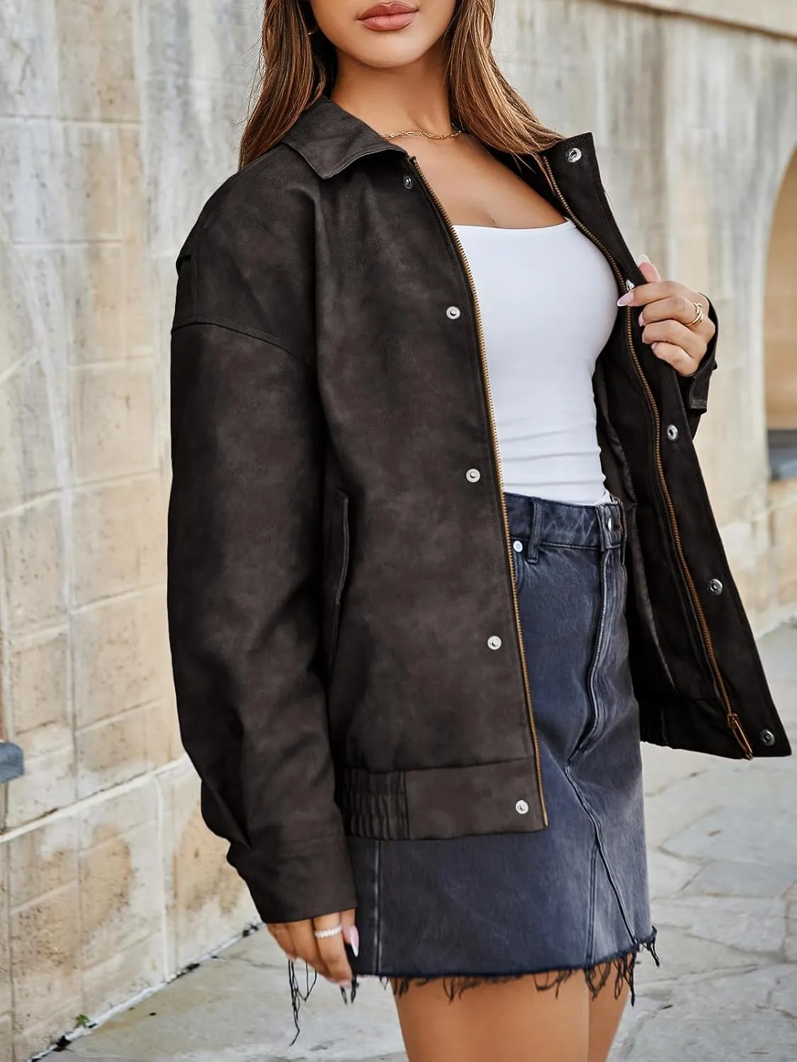 Tankaneo Womens Oversized Leather Jackets Trendy Zip up Bomber Motorcycle Coat 2025 Going out Outfits