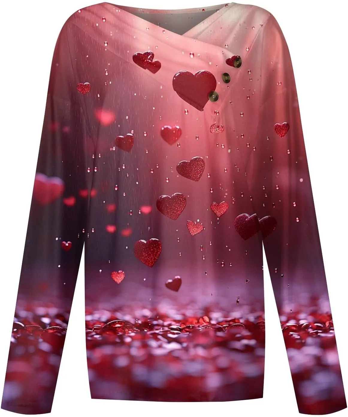 V-Neck Long Sleeve Button Down Shirt for Women - Trendy Casual Printed Valentine's Day T-Shirt, Fashionable Tops, Plus Size