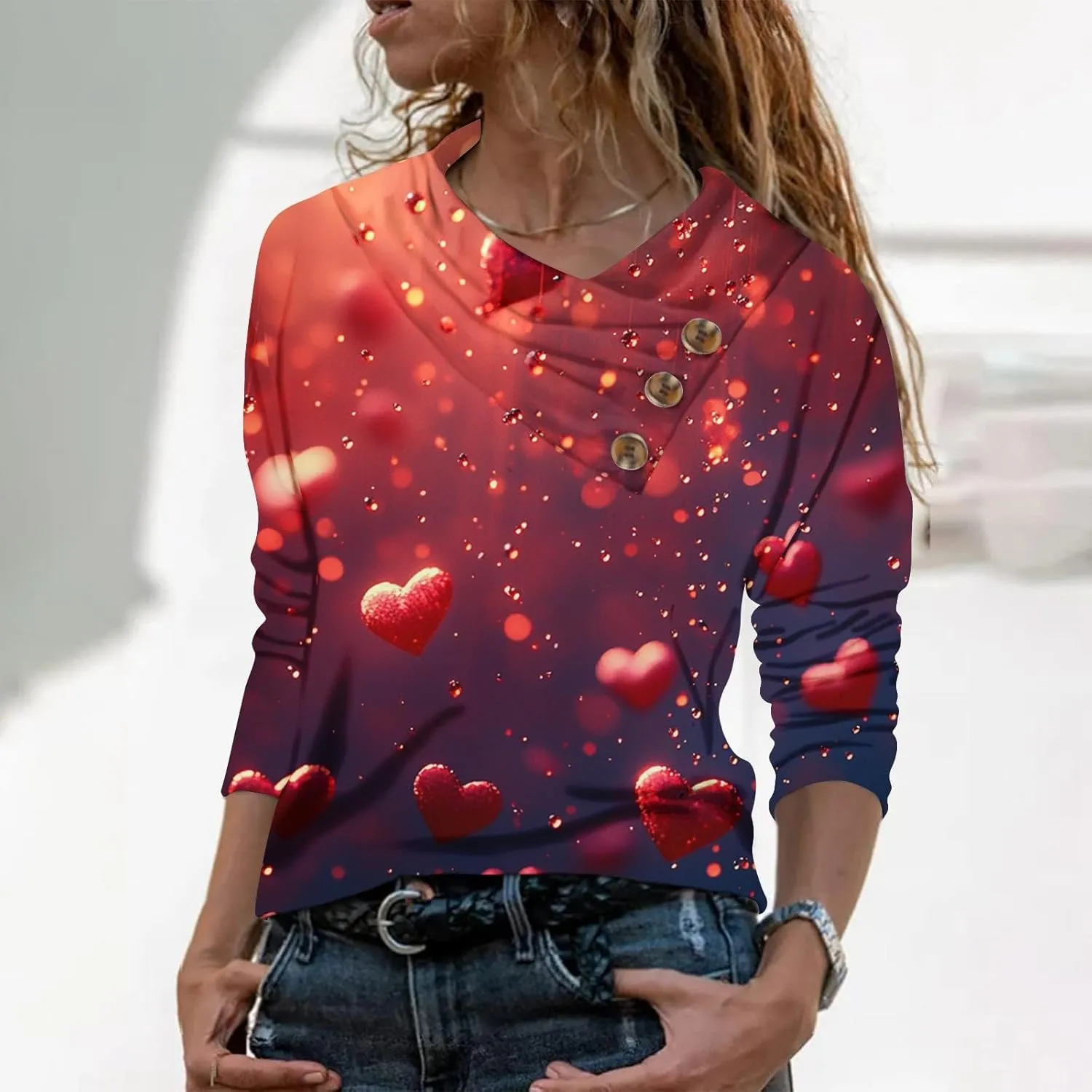 V-Neck Long Sleeve Button Down Shirt for Women - Trendy Casual Printed Valentine's Day T-Shirt, Fashionable Tops, Plus Size