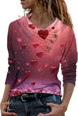 V-Neck Long Sleeve Button Down Shirt for Women - Trendy Casual Printed Valentine's Day T-Shirt, Fashionable Tops, Plus Size