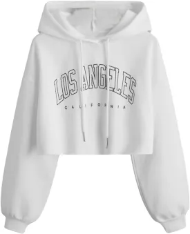 WDIRARA Women's Letter Graphic Drawstring Crop Hoodie Long Sleeve Sweatshirt Pullovers