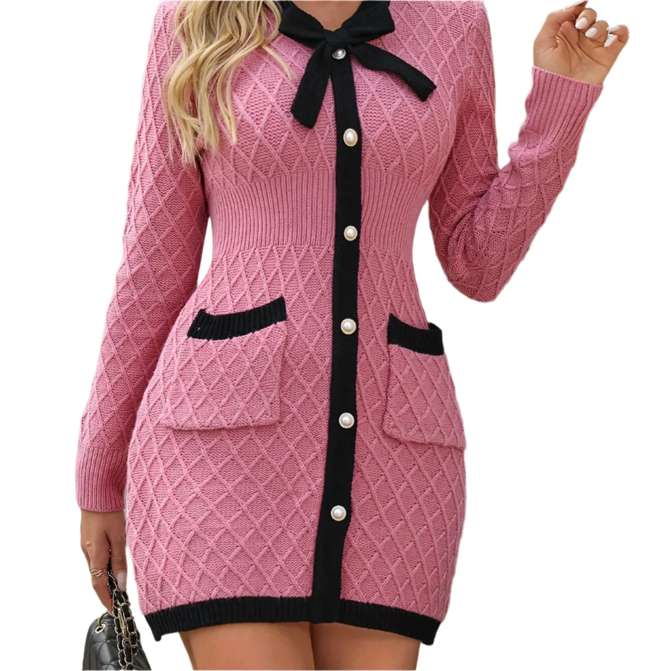 Winter Candy  Pink And  Black Bow Tie Knitted  Button Down Dress