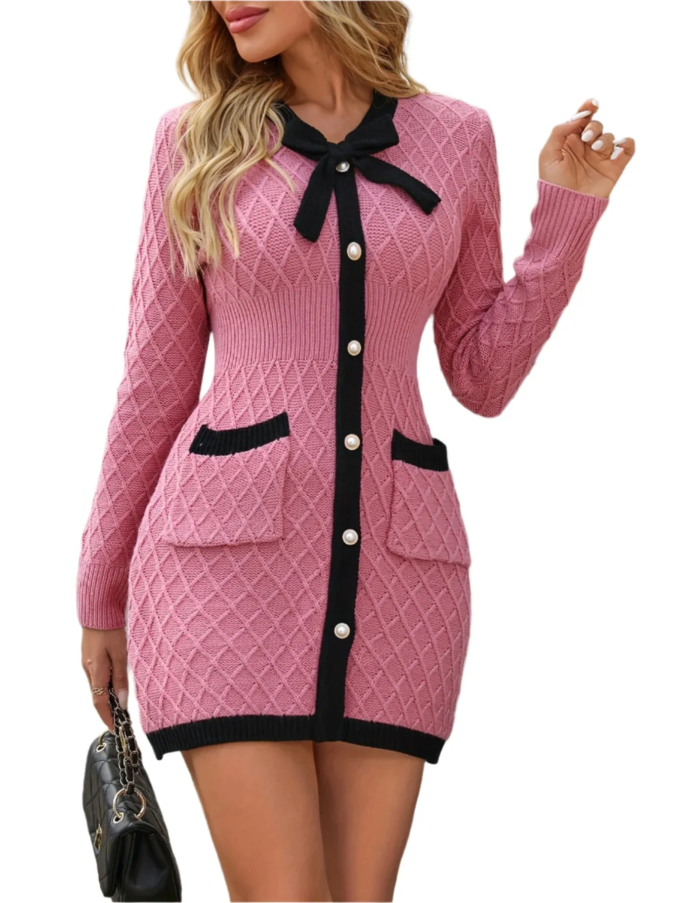 Winter Candy  Pink And  Black Bow Tie Knitted  Button Down Dress