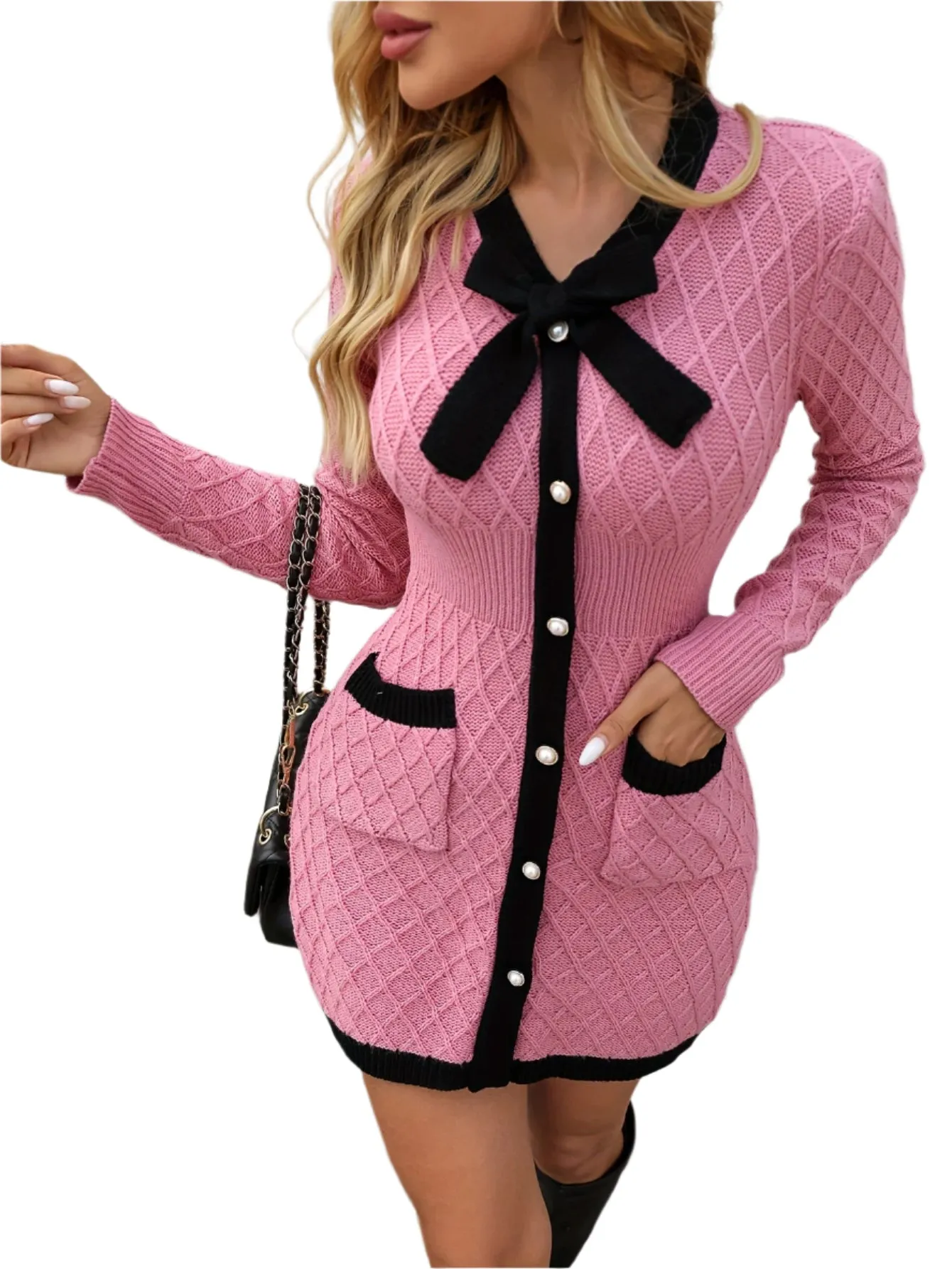 Winter Candy  Pink And  Black Bow Tie Knitted  Button Down Dress