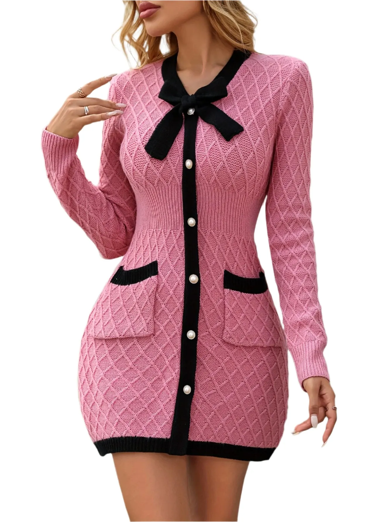 Winter Candy  Pink And  Black Bow Tie Knitted  Button Down Dress