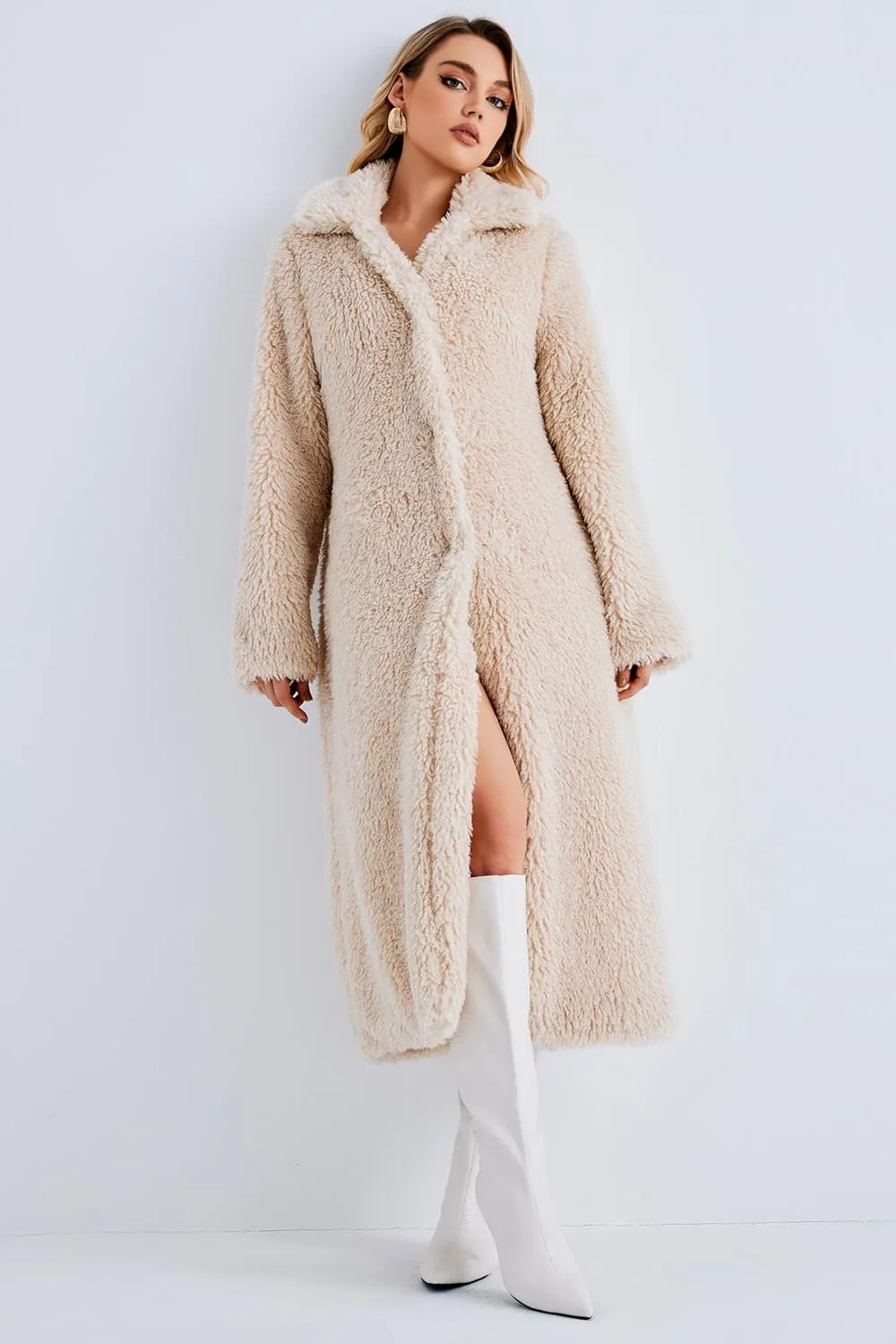 Women Faux Fur Winter Coats Open Front Long Cardigan Coat Warm Women's Fuzzy Fleece Jacket Overcoat Outwear with Pocket S-XXL