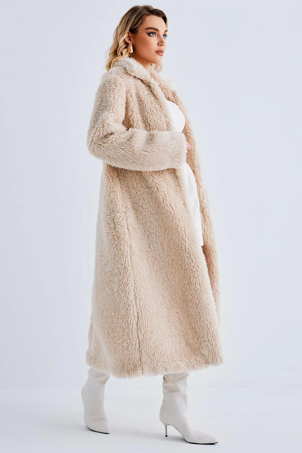 Women Faux Fur Winter Coats Open Front Long Cardigan Coat Warm Women's Fuzzy Fleece Jacket Overcoat Outwear with Pocket S-XXL