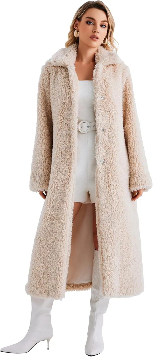 Women Faux Fur Winter Coats Open Front Long Cardigan Coat Warm Women's Fuzzy Fleece Jacket Overcoat Outwear with Pocket S-XXL