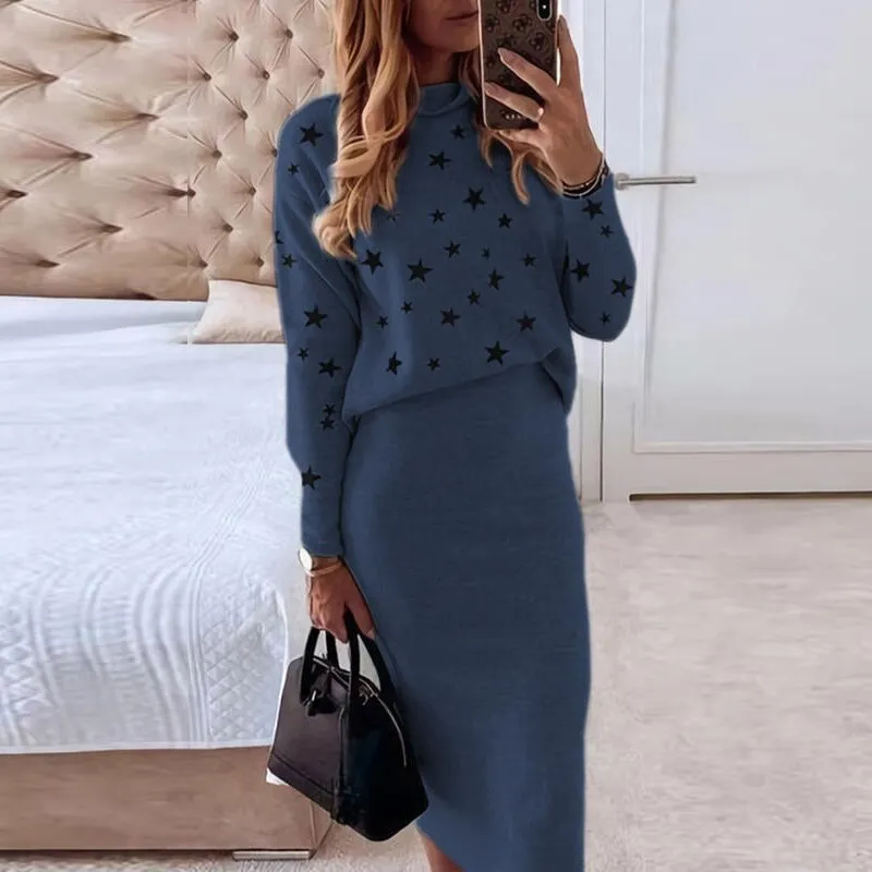 Women Skirt 2 Pieces Set Autumn Winter Casual Turtleneck Long Sleeve Loose Print Pullovers Slim Pencil Skirts Office Lady Suits