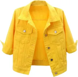 Womens Cropped Denim Jacket Button Down Jean Jacket Lightweight Trucker Coat Casual 3/4 Sleeve Tops with Pockets