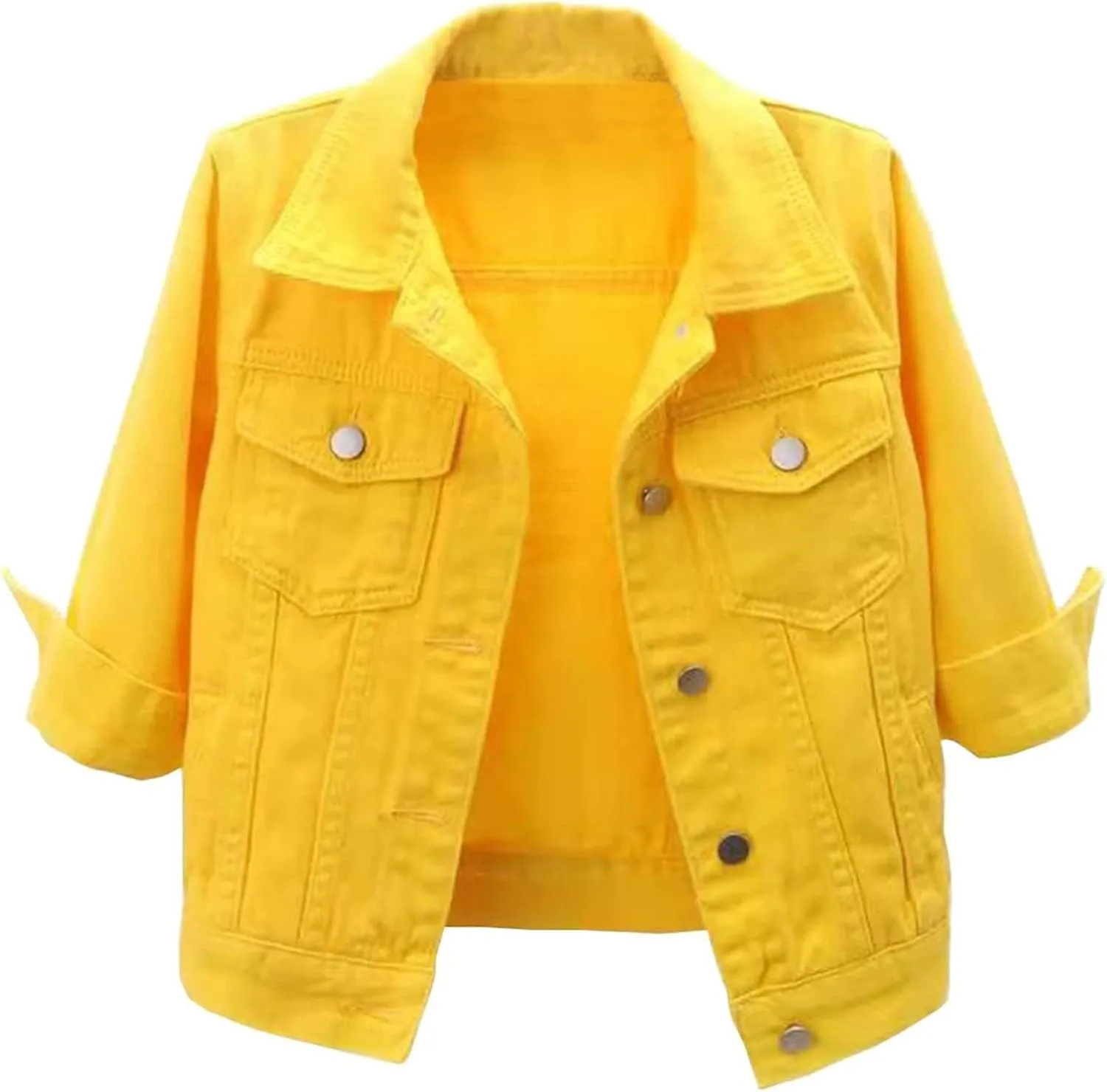 Womens Cropped Denim Jacket Button Down Jean Jacket Lightweight Trucker Coat Casual 3/4 Sleeve Tops with Pockets