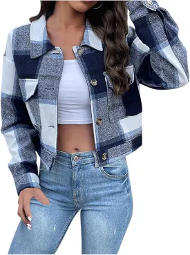 Womens Plaid Cropped Shacket Button Down Flannel Shirts Pockets Long Sleeve Light Jacket Fall Winter Fashion Coats