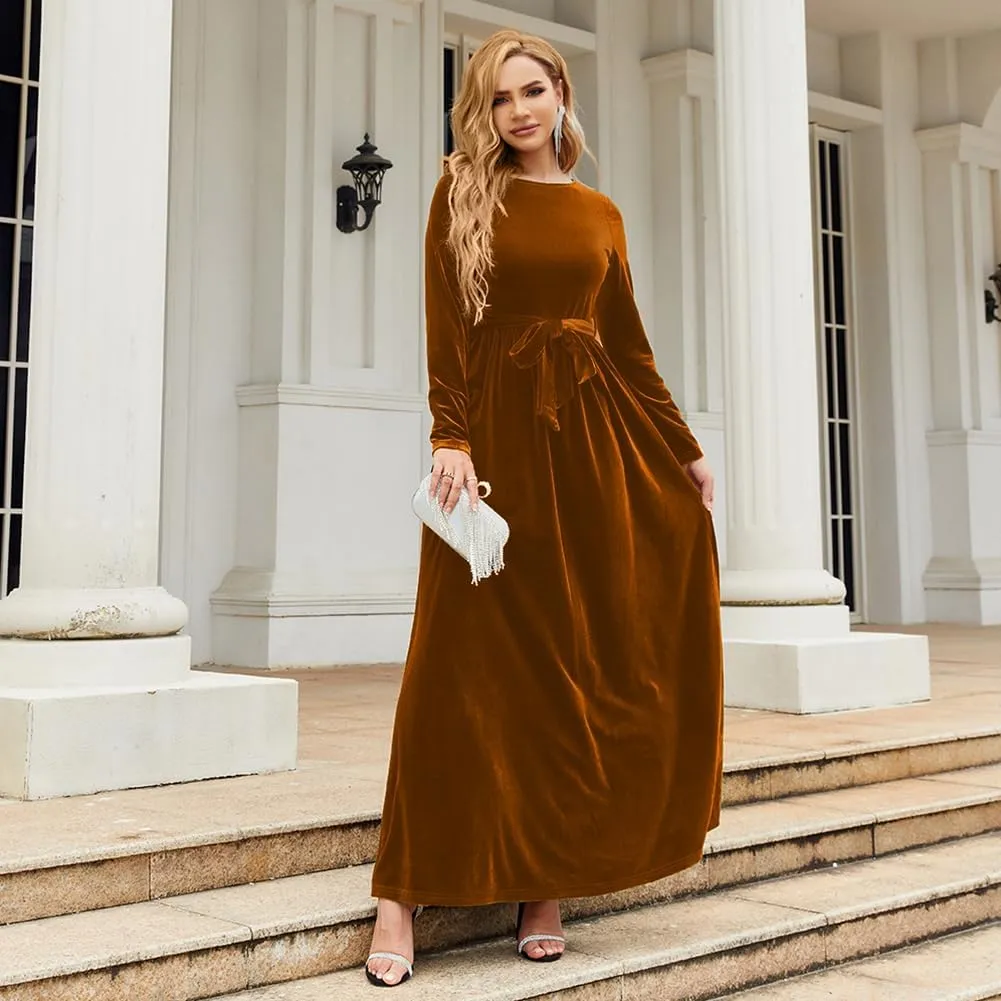 Women's Velvet Long Sleeve Maxi Dress Elegant Round Neck Winter A Line Fall Winter Evening Party Long Dress