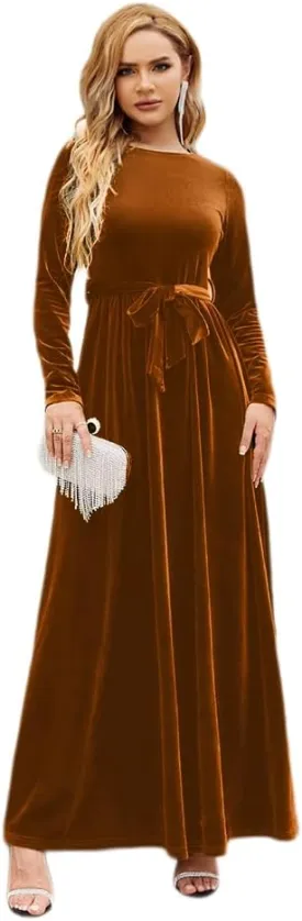 Women's Velvet Long Sleeve Maxi Dress Elegant Round Neck Winter A Line Fall Winter Evening Party Long Dress