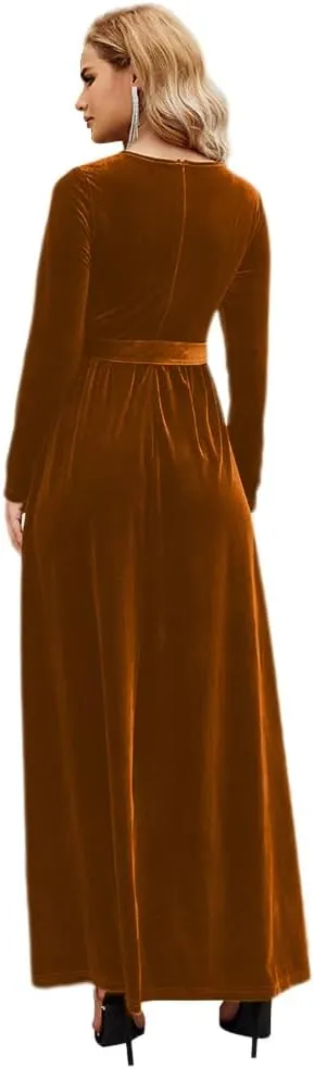 Women's Velvet Long Sleeve Maxi Dress Elegant Round Neck Winter A Line Fall Winter Evening Party Long Dress