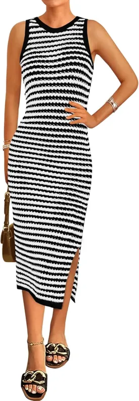 Zenlonr Women's Sleeveless Summer Dresses 2025 Casual Crochet Knit Sundress Striped Long Tank Dress Beach Slip Dress