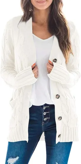 ZESICA Women's Fall Casual Long Sleeve Button Down Open Front Cable Knit Cardigan Sweater Coat